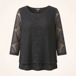Multiples Womens Black Mesh Lace Layered Top Geometric Medium Boho Sheer